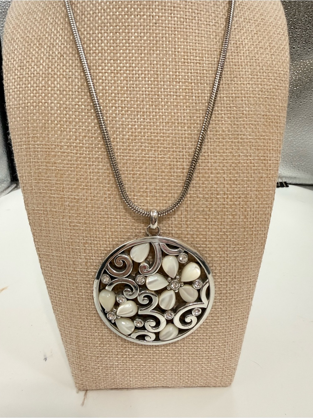 Brighton Jasmine Flower Pendant,silver tone round pendant mother-of-pearl